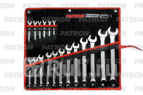 Набор ключей комбинированных 18 пр: 8, 9, 10, 11, 12, 13, 14, 15, 16, 17, 18, 19, 21, 22, 24, 27, 30, 32 мм, на полотне PATRON P-5181 для Автотовары, PATRON, P-5181