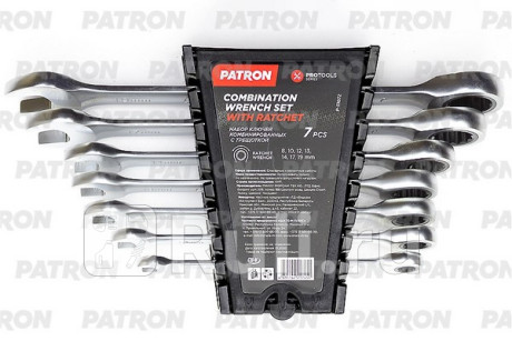 Набор ключей комбинированных с трещоткой 7 пр: 8, 10, 12, 13, 14, 17, 19 мм, в пласт. держателе PATRON P-51072 для Автотовары, PATRON, P-51072
